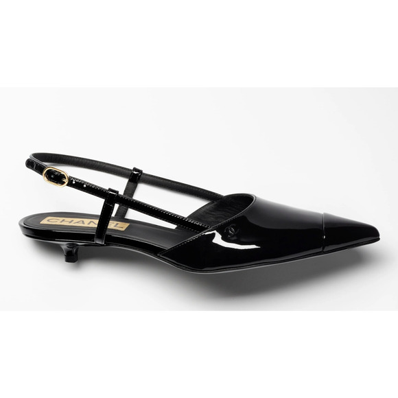Chanel 22K Black Patent Leather CC Sling Slingback Sandal Pointed Kitten Heel 37 - Picture 1 of 14